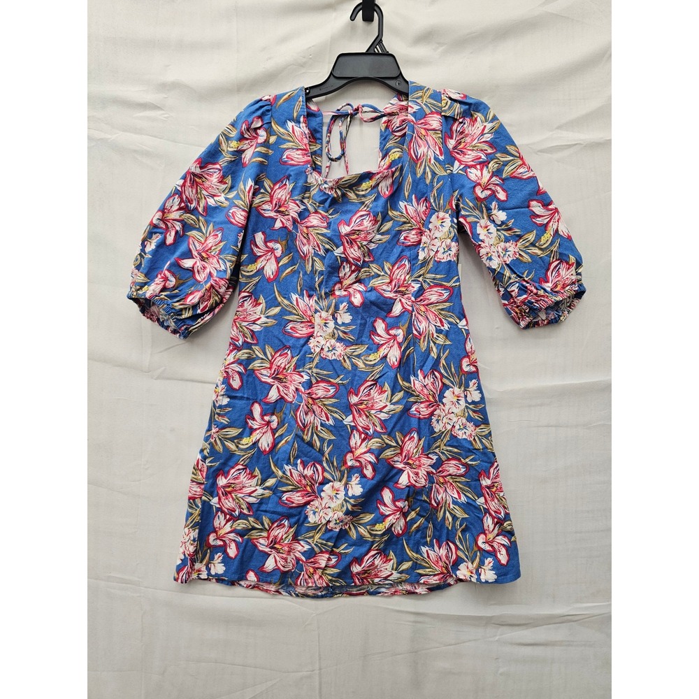 A New Day Womens Floral Puff Sleeve Mini Dress Blue Cotton Linen Size M